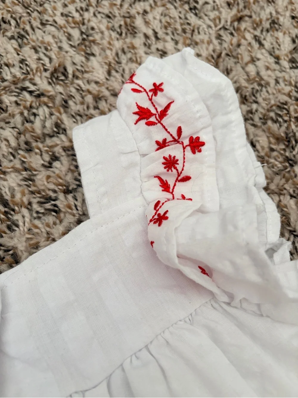 White Girls' Embroidered Ruffle Dress with Red Detail